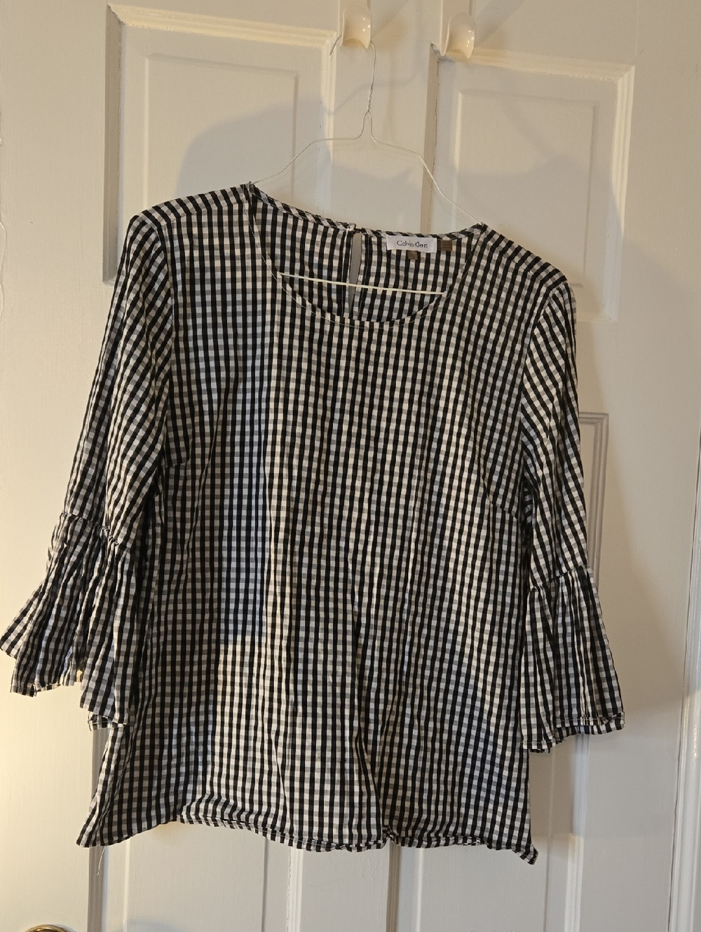 Calvin Klein Black & White Gingham Ruffle Sleeve Blouse
